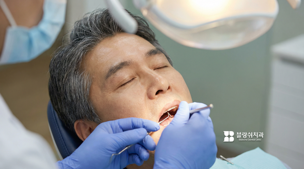 치과 공포증 없이 편안하게 잠든 상태에서 안전하게 진행되고 있는 블랑쉬치과의 수면임플란트 시술 과정