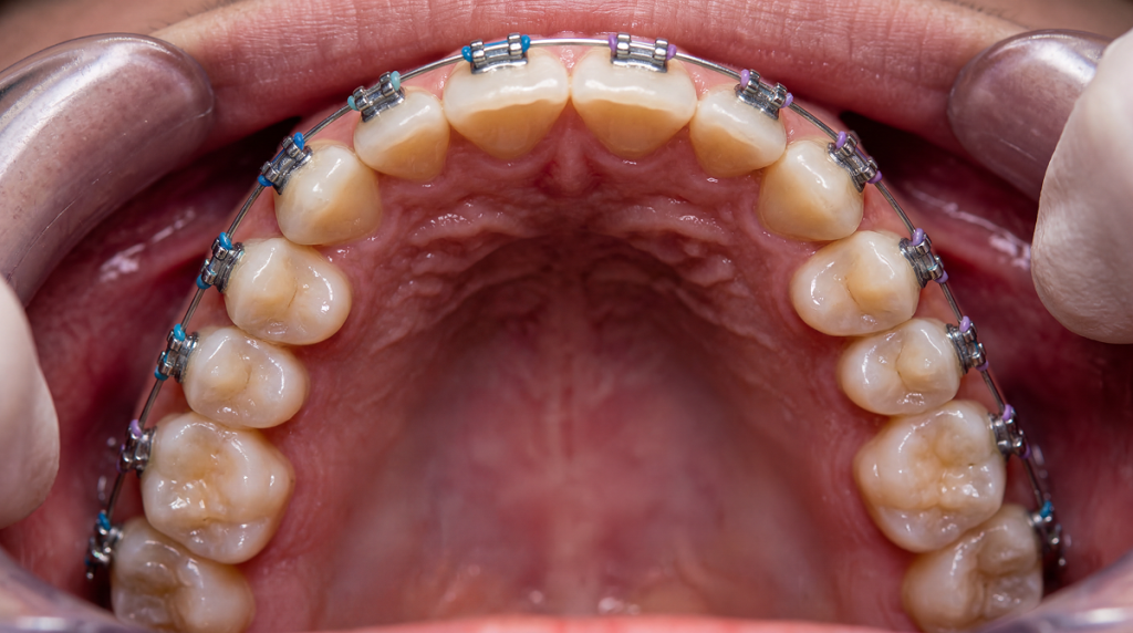 치아교정 장치를 부착하여 치열을 고정 중인 구강 내부