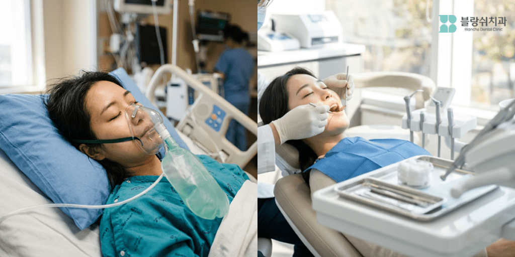 人工呼吸が必要な全身麻酔と、自分で呼吸しながら眠った状態で診療を受ける睡眠治療歯科の意識下鎮静法の違いを比較説明する資料。