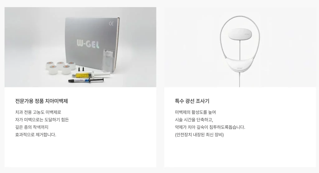 치과에서 사용하는 전문가용 고농도 치아미백제 세트와 특수 광선 조사기 장비