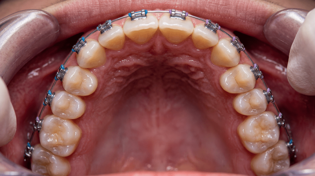 歯列矯正装置を装着して歯並びを整えている口腔内の様子